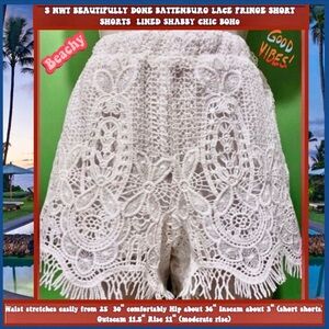 FESTIVAL FUN S NWT BATTENBURG LACE & FRINGE SHORT SHORTS LINED BOHO